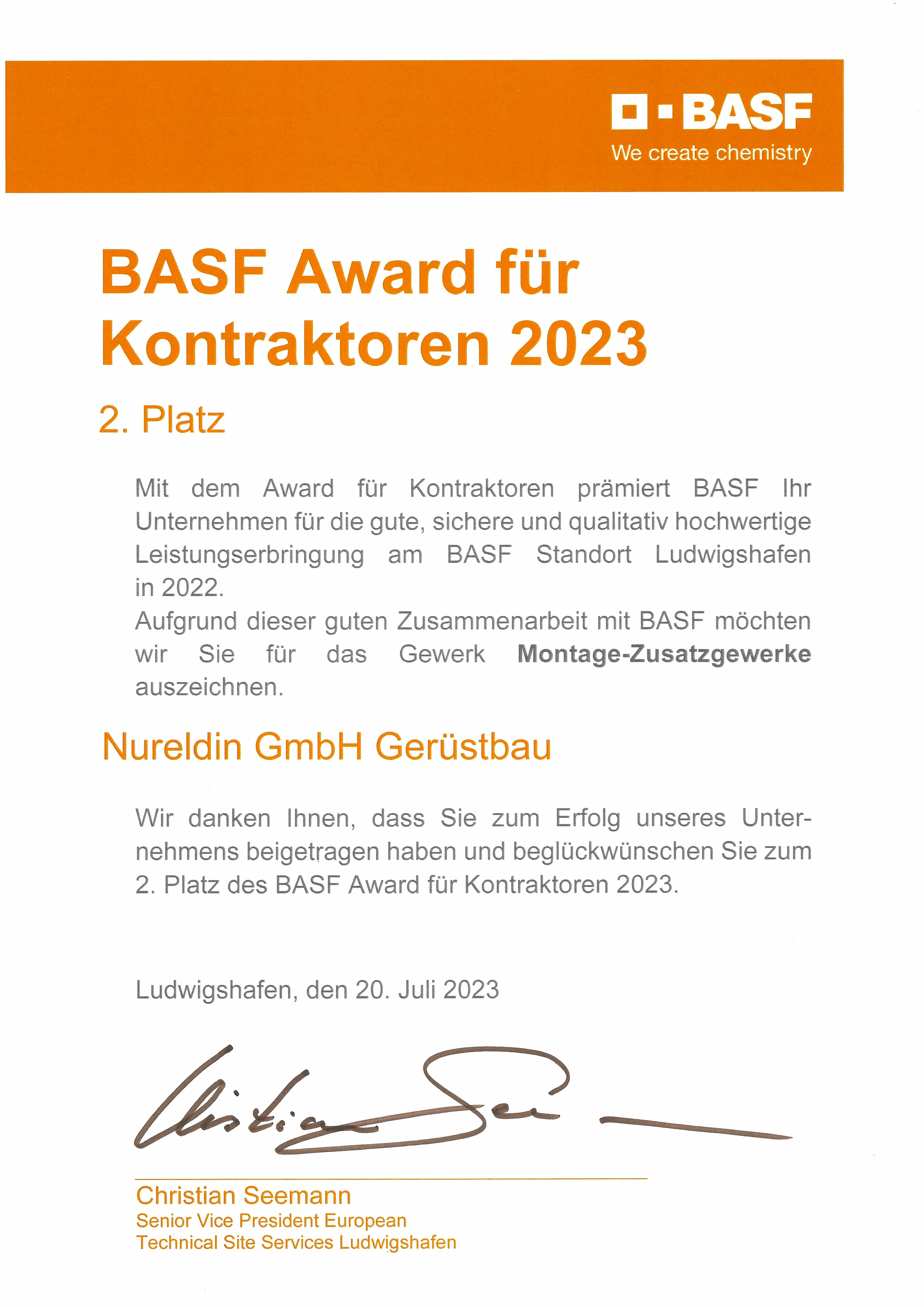 2. Platz beim BASF Award für Kontraktoren 2023